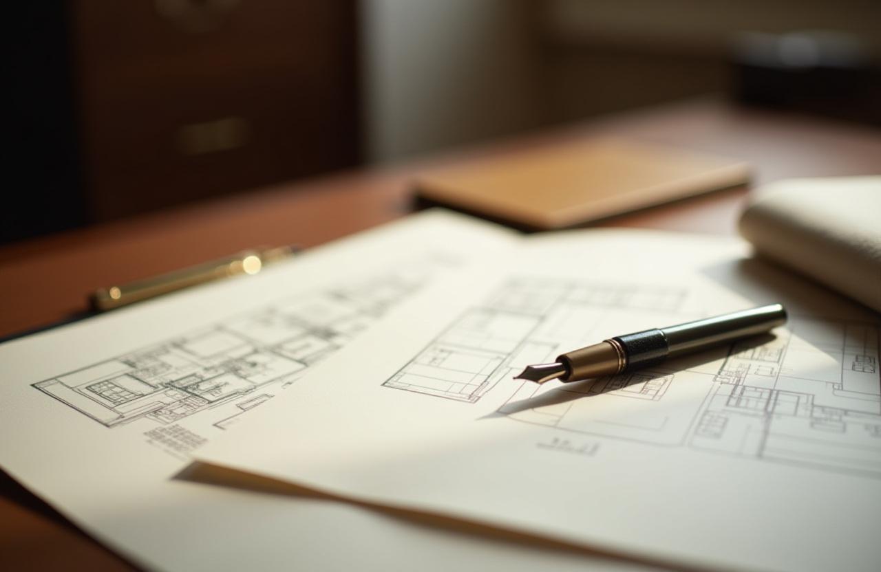 Close up of architectural blueprints and a fountain pen on a walnut desk